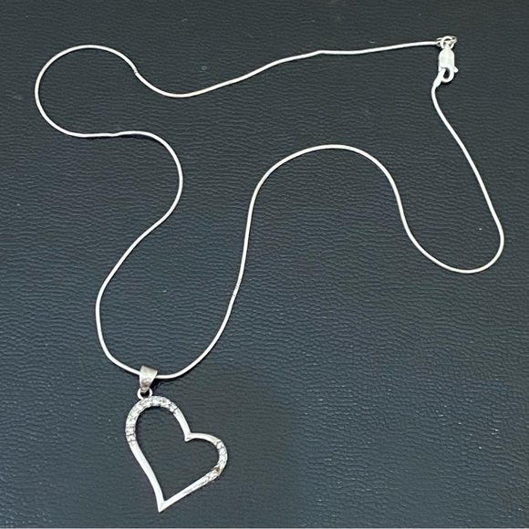 Vintage Signed 925 Italy Sterling Silver Open Heart CZ Pendant Necklace 6.4g - Picture 4 of 16